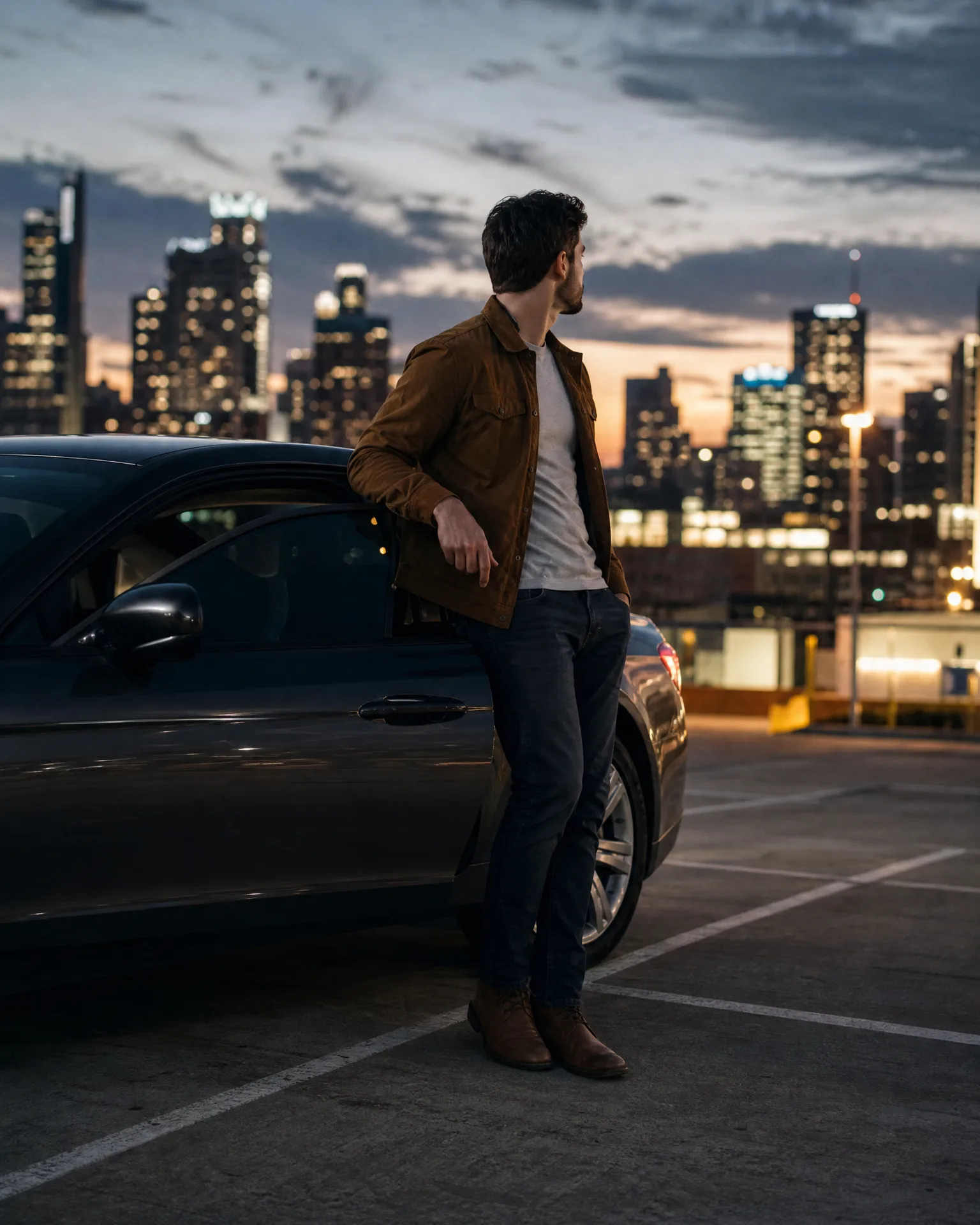 A man in a brown jacket, white shirt, dark jeans and brown boots leans against a dark sedan on a rooftop parking deck at dusk, with a lit city skyline behind him.